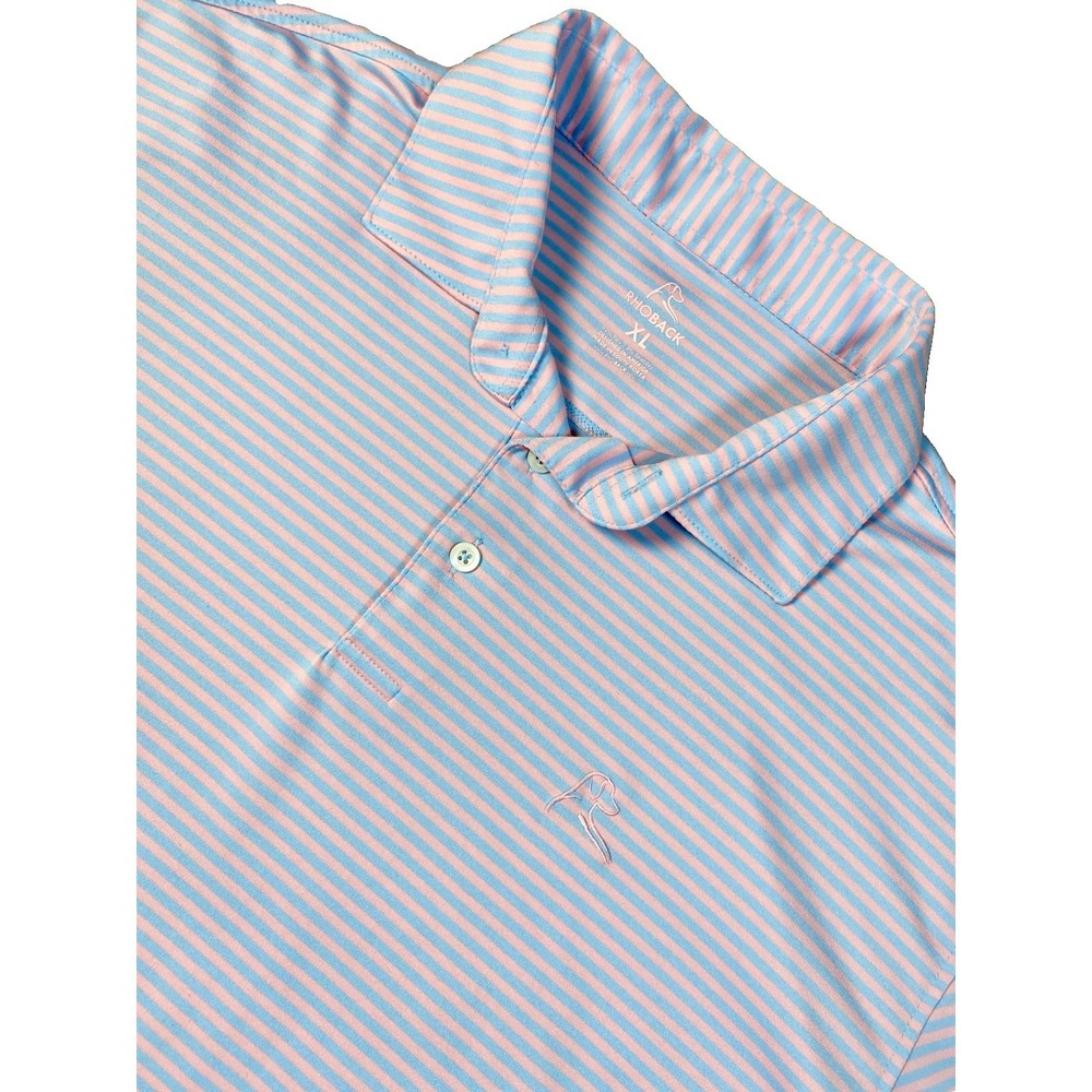 Rhoback Polo Shirt Mens Size XL Blue Pink Golf Stretch Performance Logo - FLAW